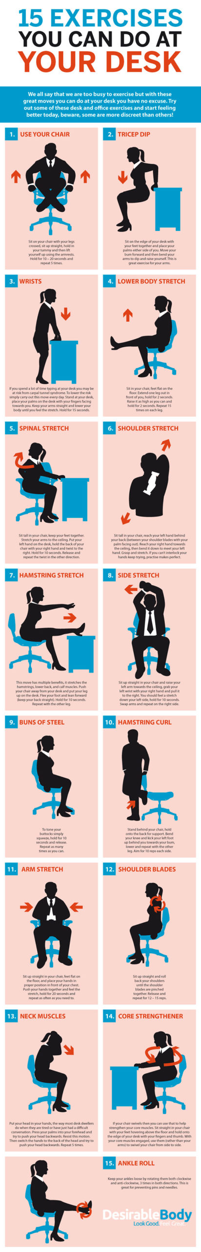 This Graphic Shows 15 Desk-Based Exercises For The Office