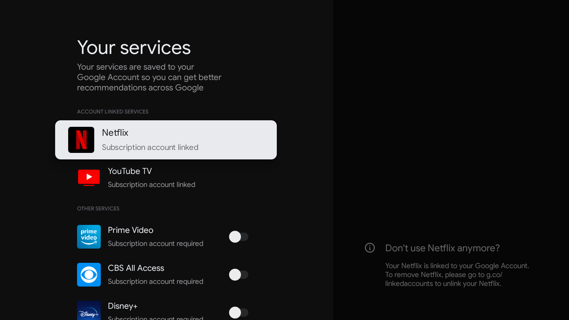 Swap out your preferred streaming services any time in the Settings panel.  (Screenshot: Florence Ion)