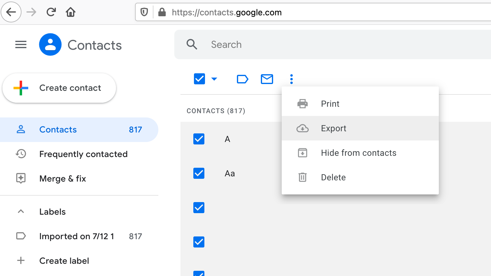 Export from Google Contacts. (Screenshot: Pranay Parab)