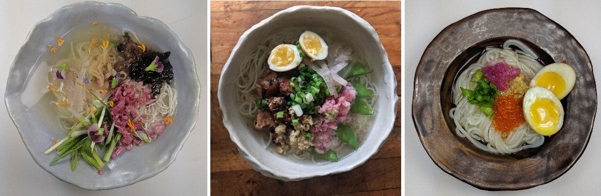 Cold soba in dashi, with soy marinated soft egg, tons of Japanese pickles including umeboshi, ginger, and roe and scallions. (Photo: Amanda Blum)