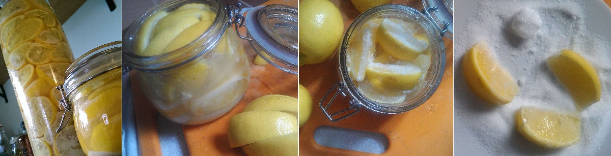 From the right: Segmented meyer lemons in canning salt; segments packed into a jar; then covered in lemon juice; and finally, finished preserved lemons. (Photo: Amanda Blum)