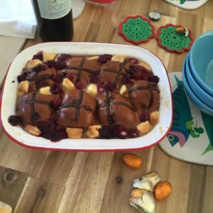 Chocolate hot cross bun bread and butter pudding